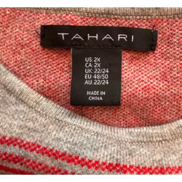 TAHARI Light Gray & Red Plaid 3/4 Cuffed Sleeve Scoop Neck Sweater Size 2X - Picture 3 of 7